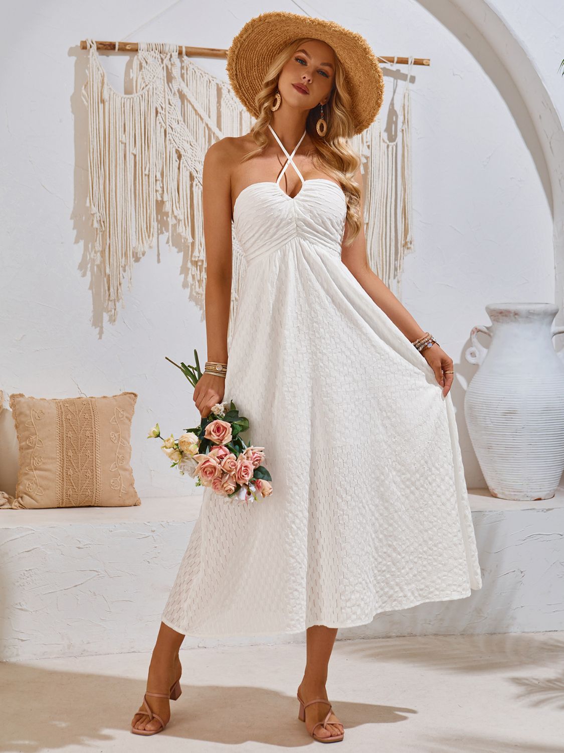 Swiss Dot Halter Neck Midi Dress - NUTRAL ATTIRE