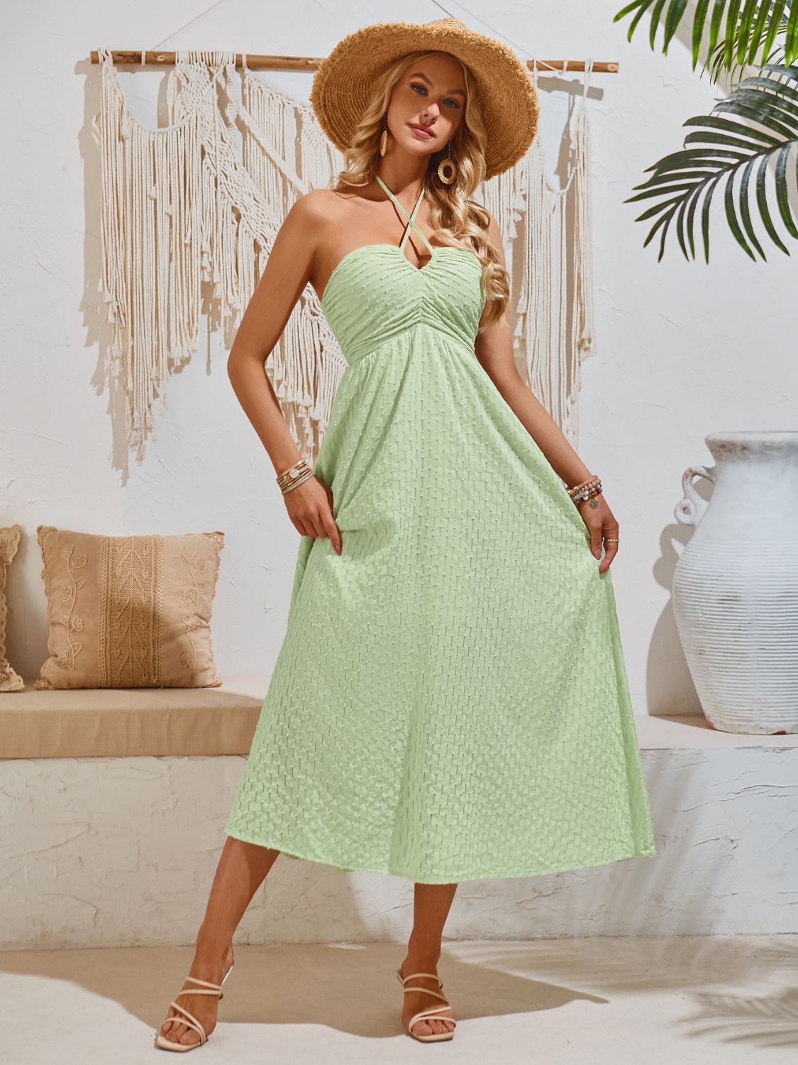 Swiss Dot Halter Neck Midi Dress - NUTRAL ATTIRE
