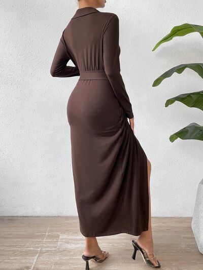 Tied Slit Long Sleeve Wrap Dress - NUTRAL ATTIRE