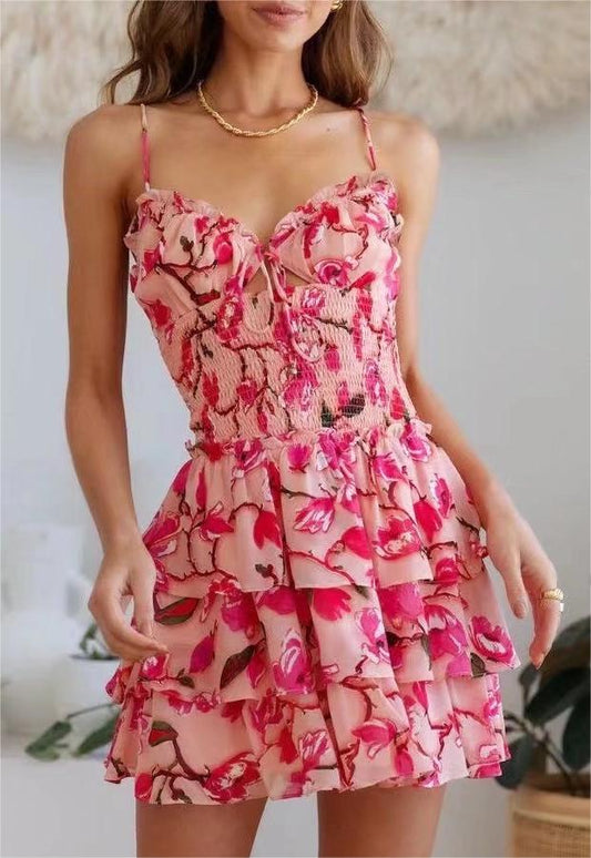 Flow Floral Print Multi Layer Strap Backless Tiered Dress