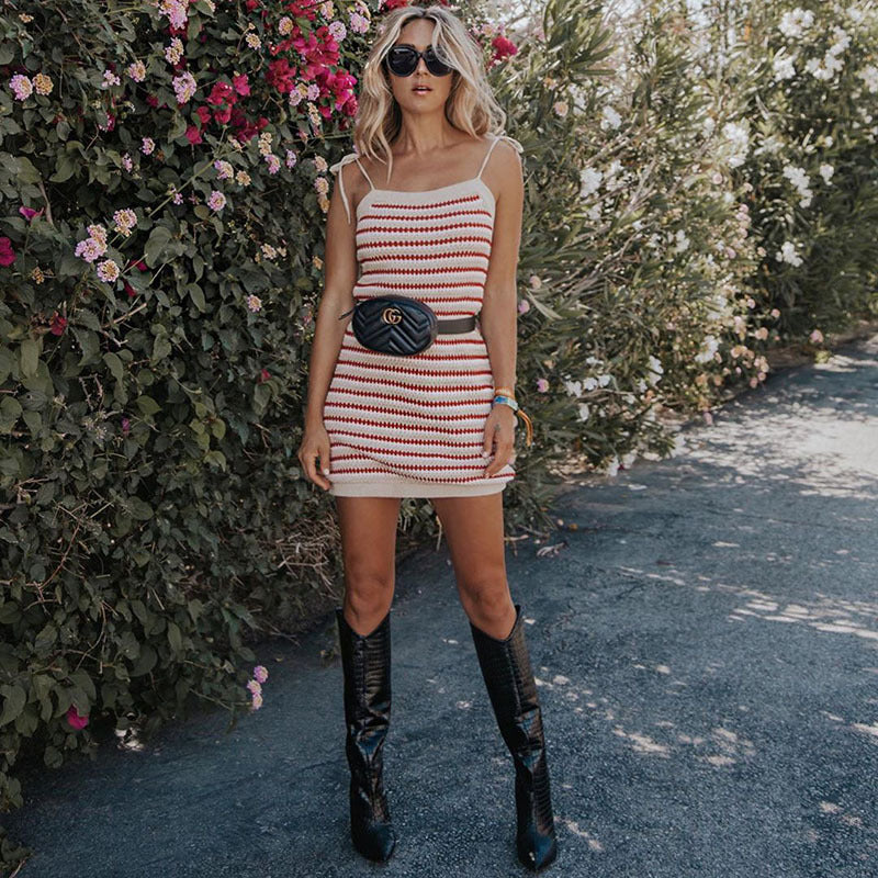 Summer Women Sling Striped Knitted Dress Slip Dress
