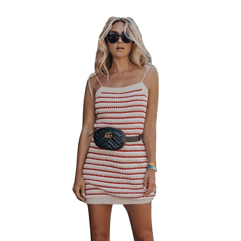 Summer Women Sling Striped Knitted Dress Slip Dress