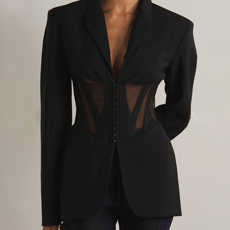 Bonnie Boning Corset Waist Mesh Stitching See Through Design Blazer Mid Length Blazers