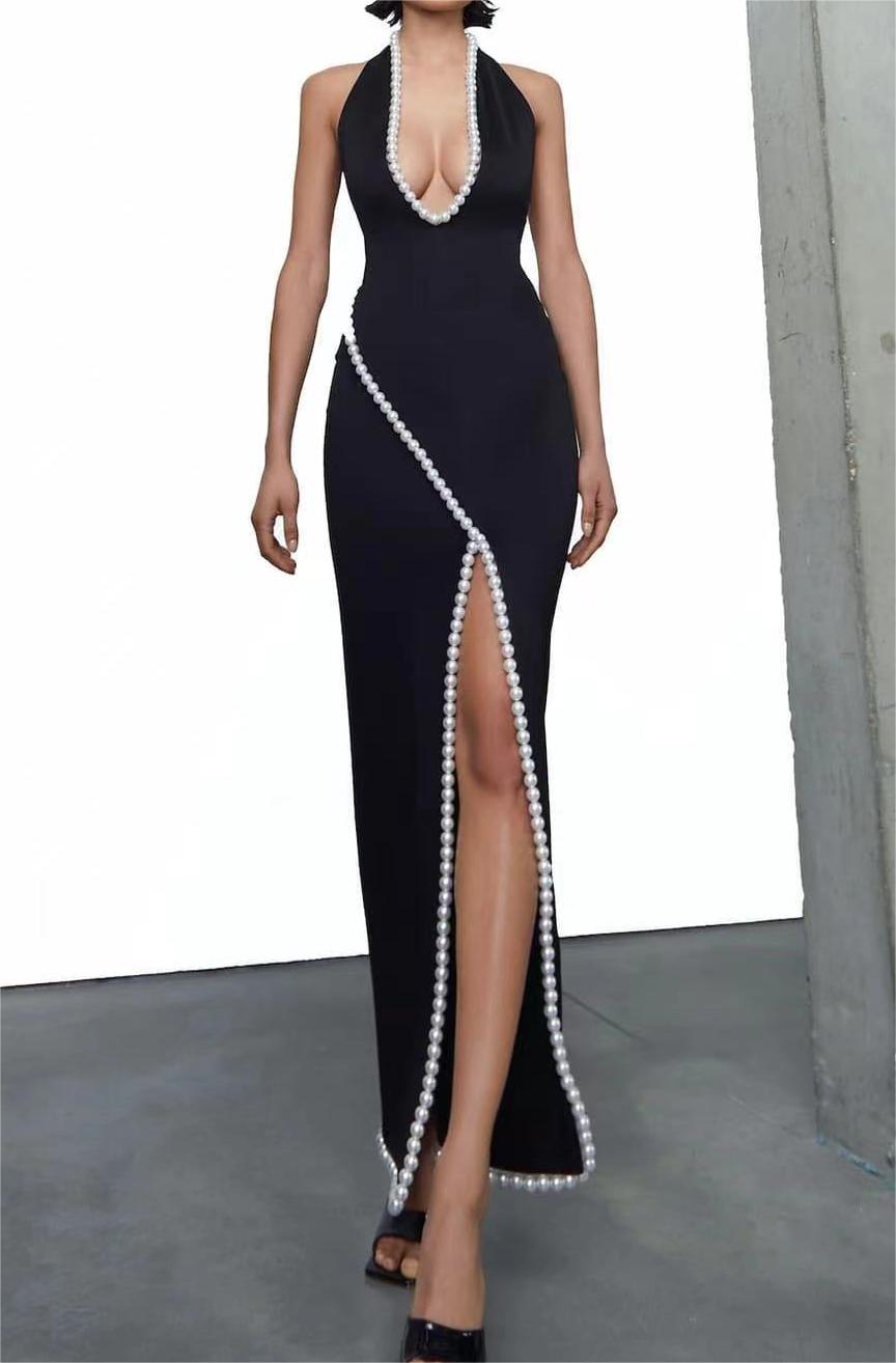 Net Red Black V neck Pearl Trim Party Noble Elegant Bandage Backless Slit Jumpsuit
