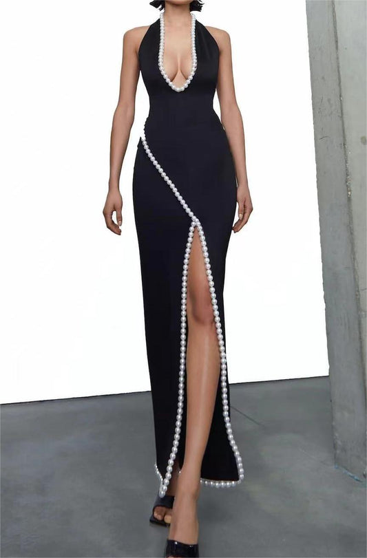 Net Red Black V neck Pearl Trim Party Noble Elegant Bandage Backless Slit Jumpsuit