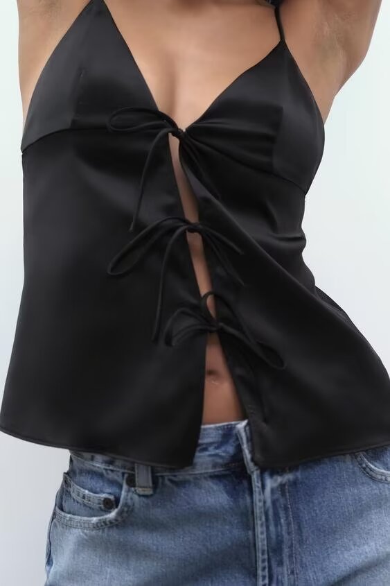 Spring Bow Button Black Camisole Small Vest