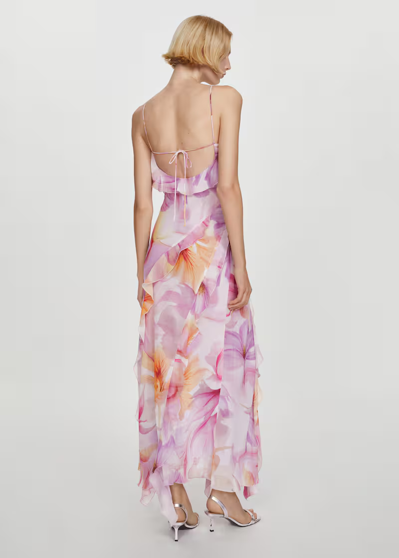 Women Ruffled Floral Print Strap Maxi Dress