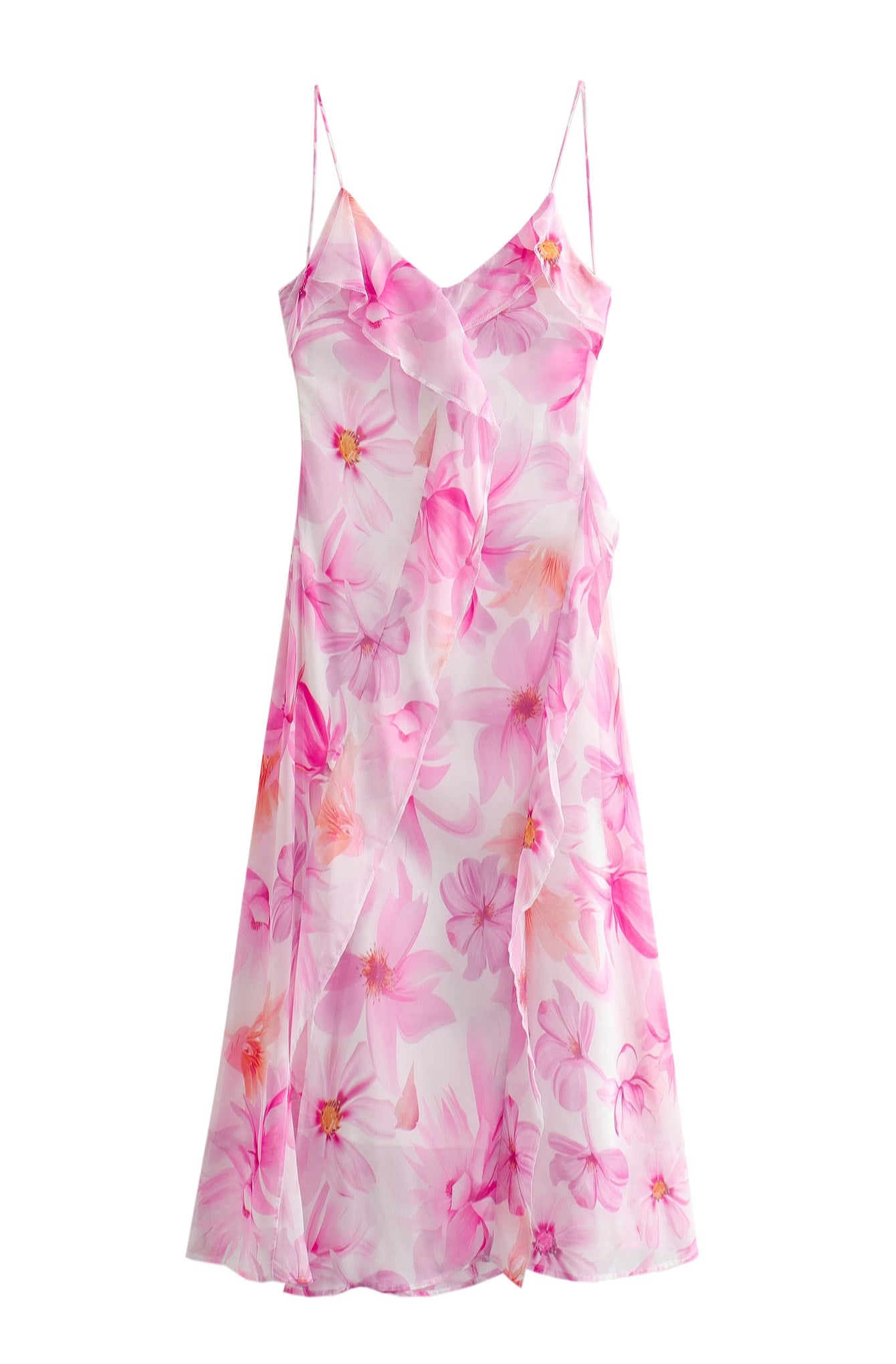 Women Ruffled Floral Print Strap Maxi Dress