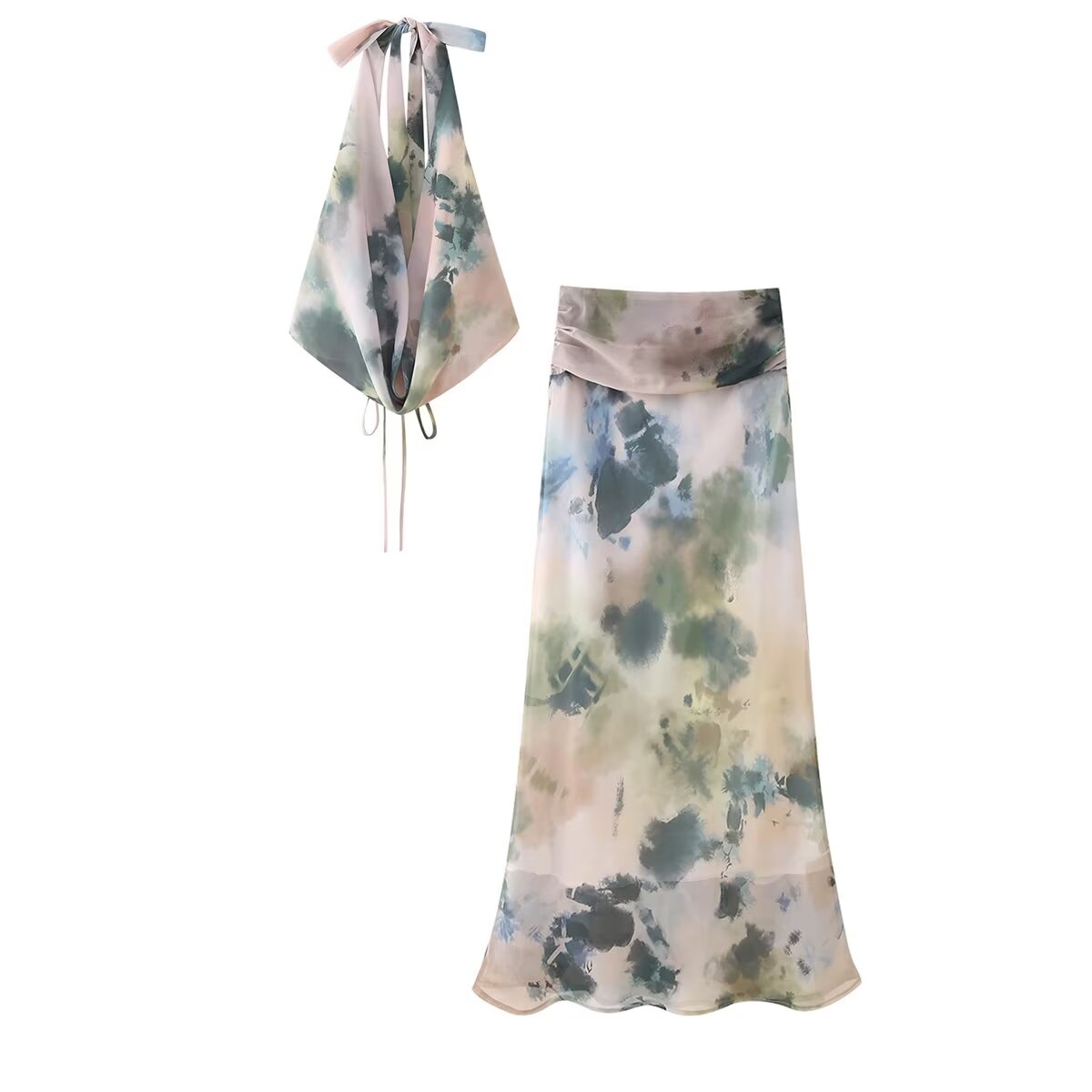 Twinie Halter Collar Printed Vest Skirt Set