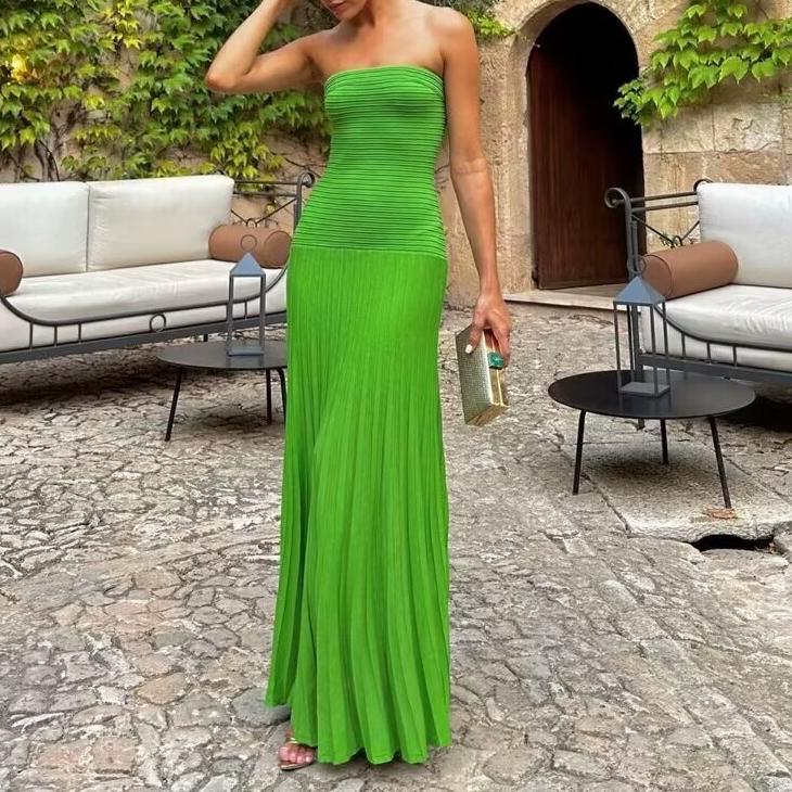 Sigma Sexy Slim Fit Tube Top Straight Green Dress Sleeveless Knitted Dress