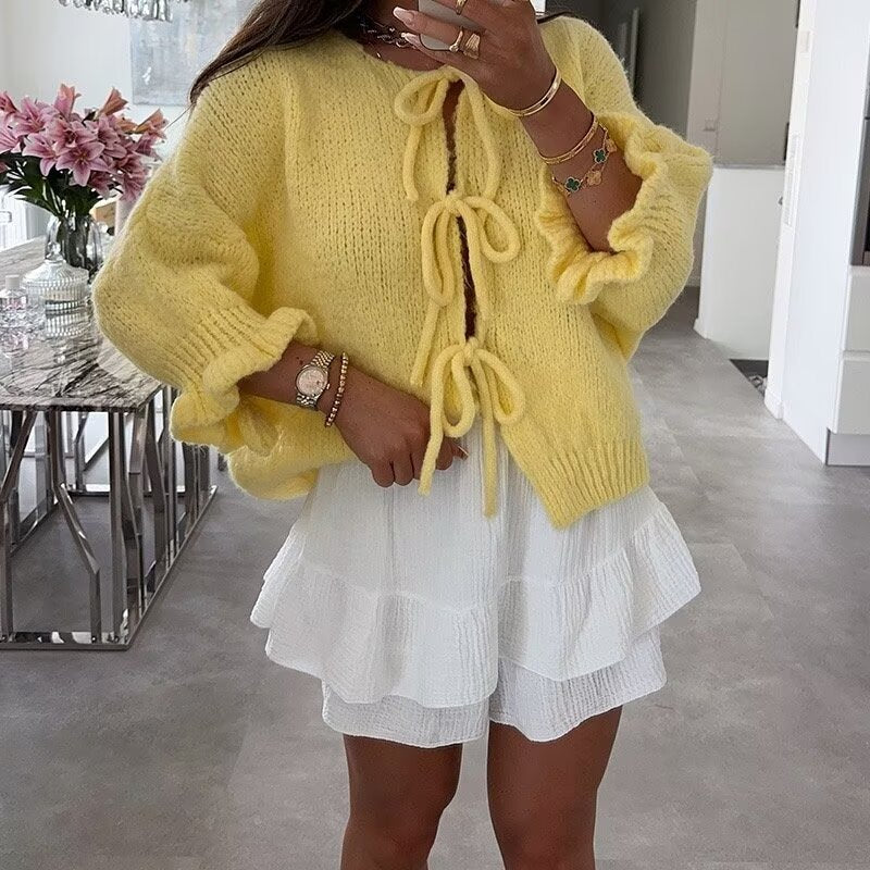 Mimi French Petal Sleeve Loose Sweater Yellow