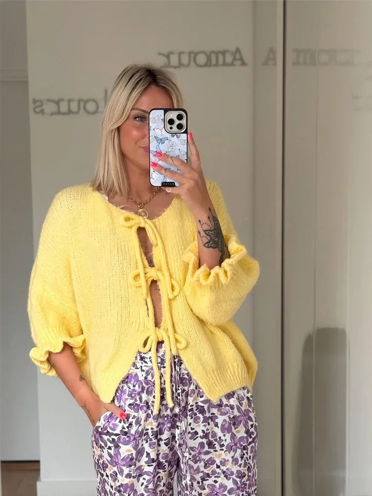 Mimi French Petal Sleeve Loose Sweater Yellow