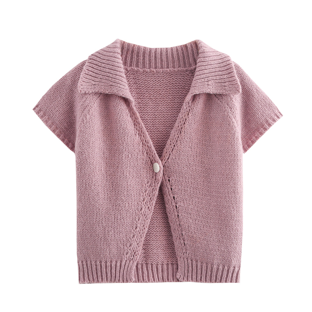 Tetee Women’s Fall Retro Casual Office Button Thick Needle Sweater With Short Sleeves Pink