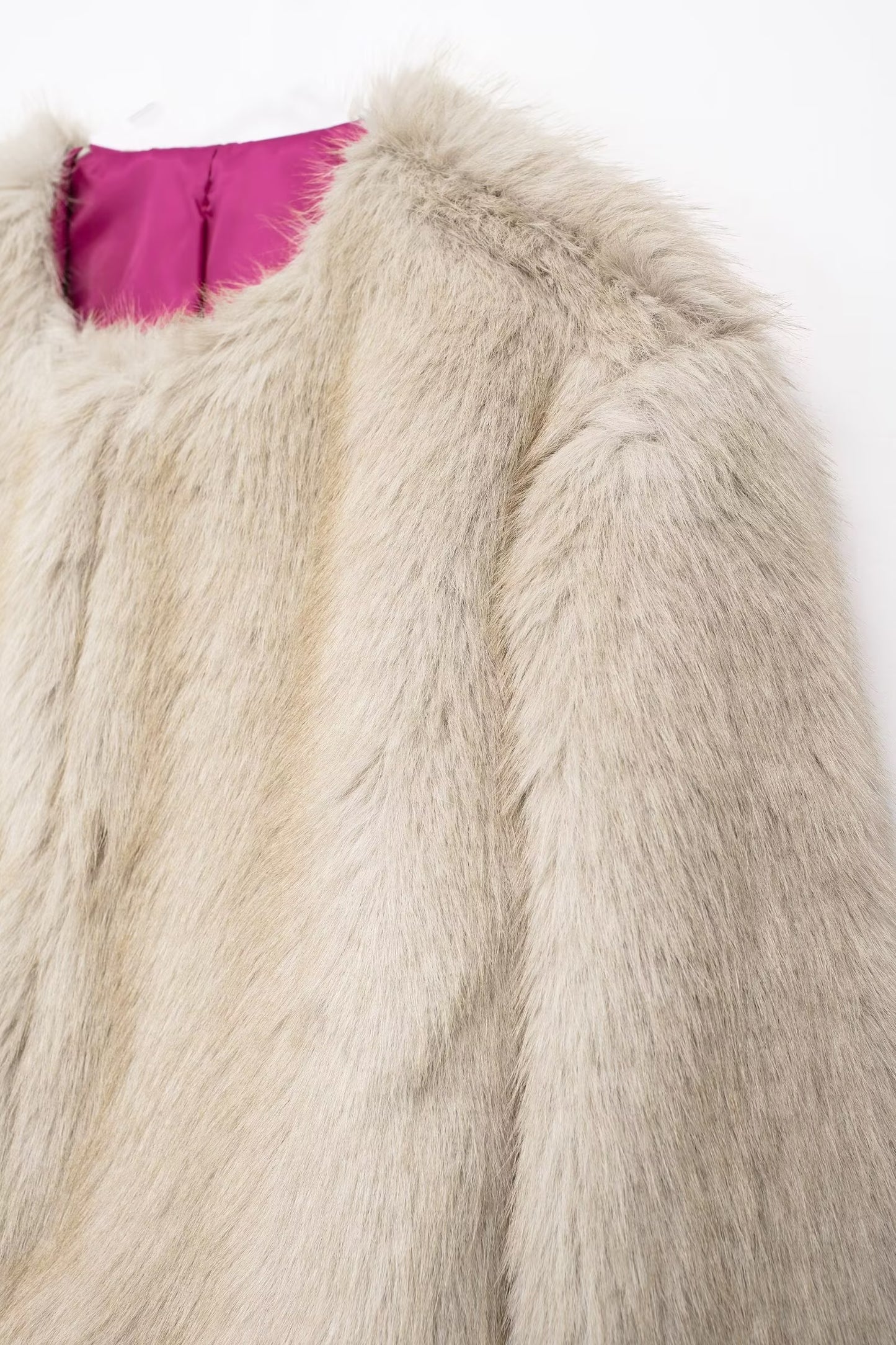 Jillie Round Neck Loose Faux Fur Effect Warm Jacket