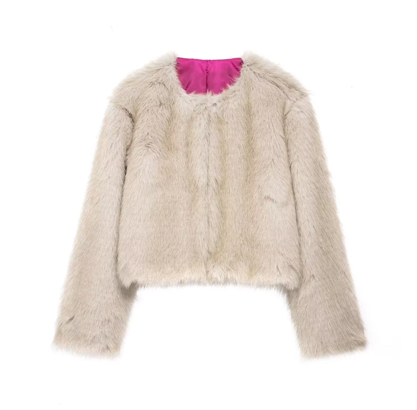 Jillie Round Neck Loose Faux Fur Effect Warm Jacket