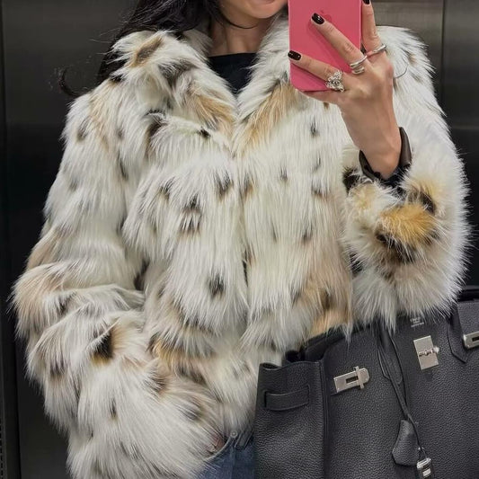 Catty Simple Faux Snow Leopard Fur Effect Coat