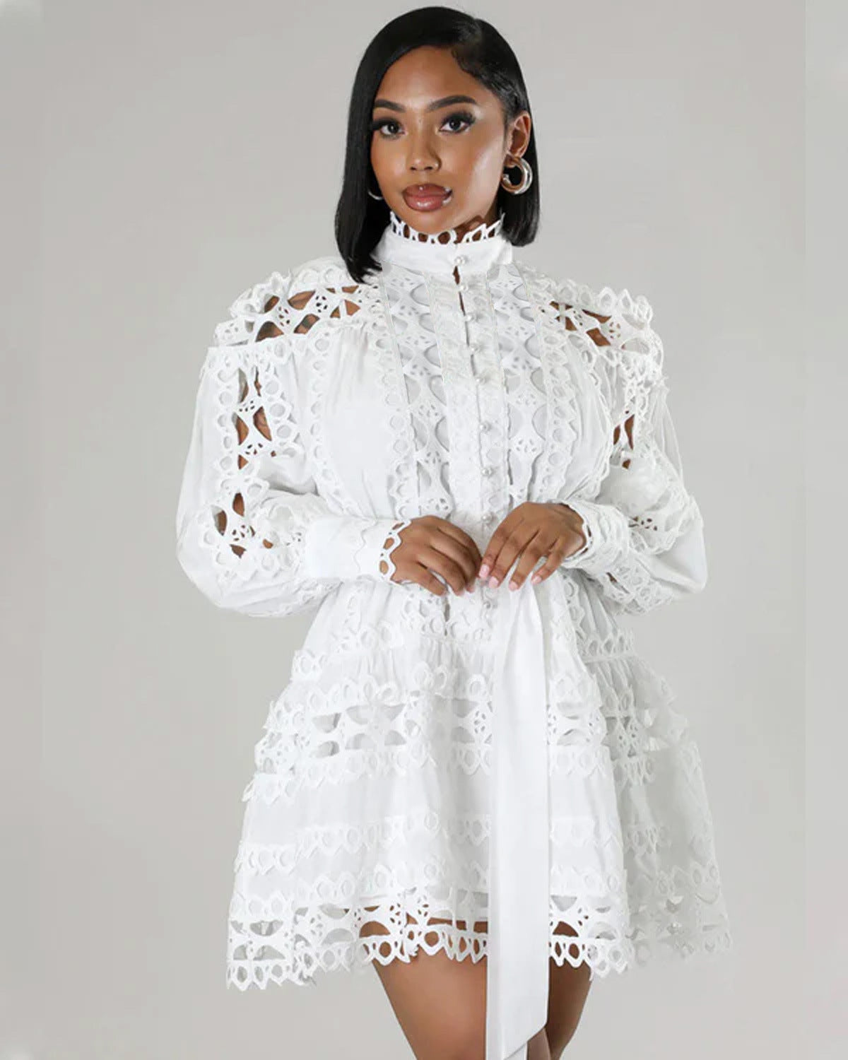 Women Lace Stitching Hollow Out Cutout Long Shirt Dress