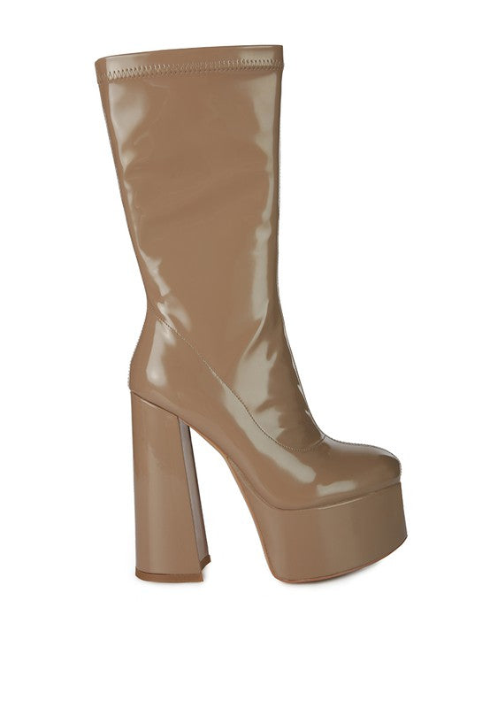 VINKELE Patent PU Platform Heeled Calf Boots