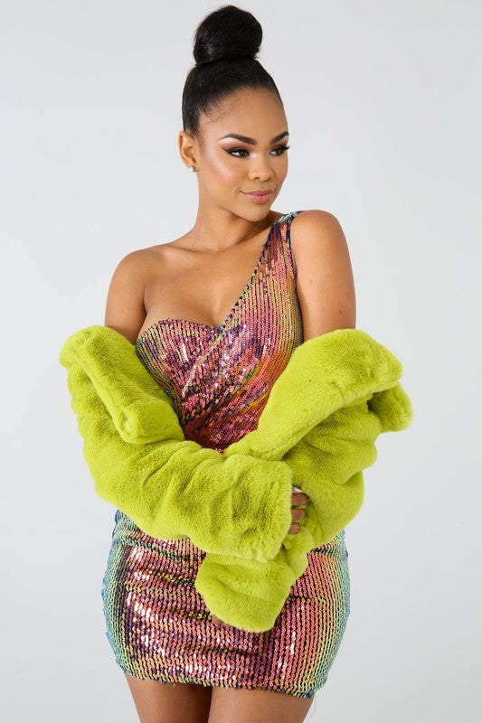 Nior Sexy Faux Fur Teddy Jacket Electric Green