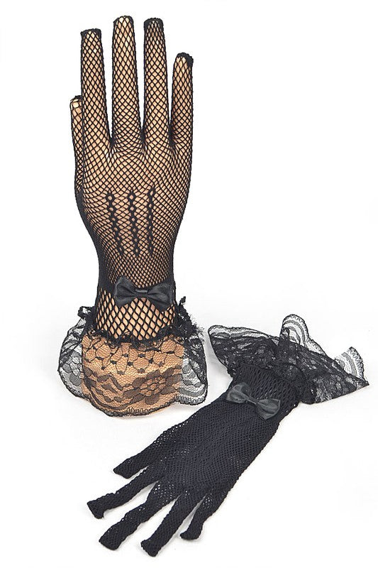 Fishnet Ribbon Lace Ruffle Gloves