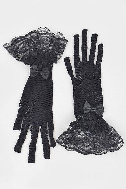 Fishnet Ribbon Lace Ruffle Gloves