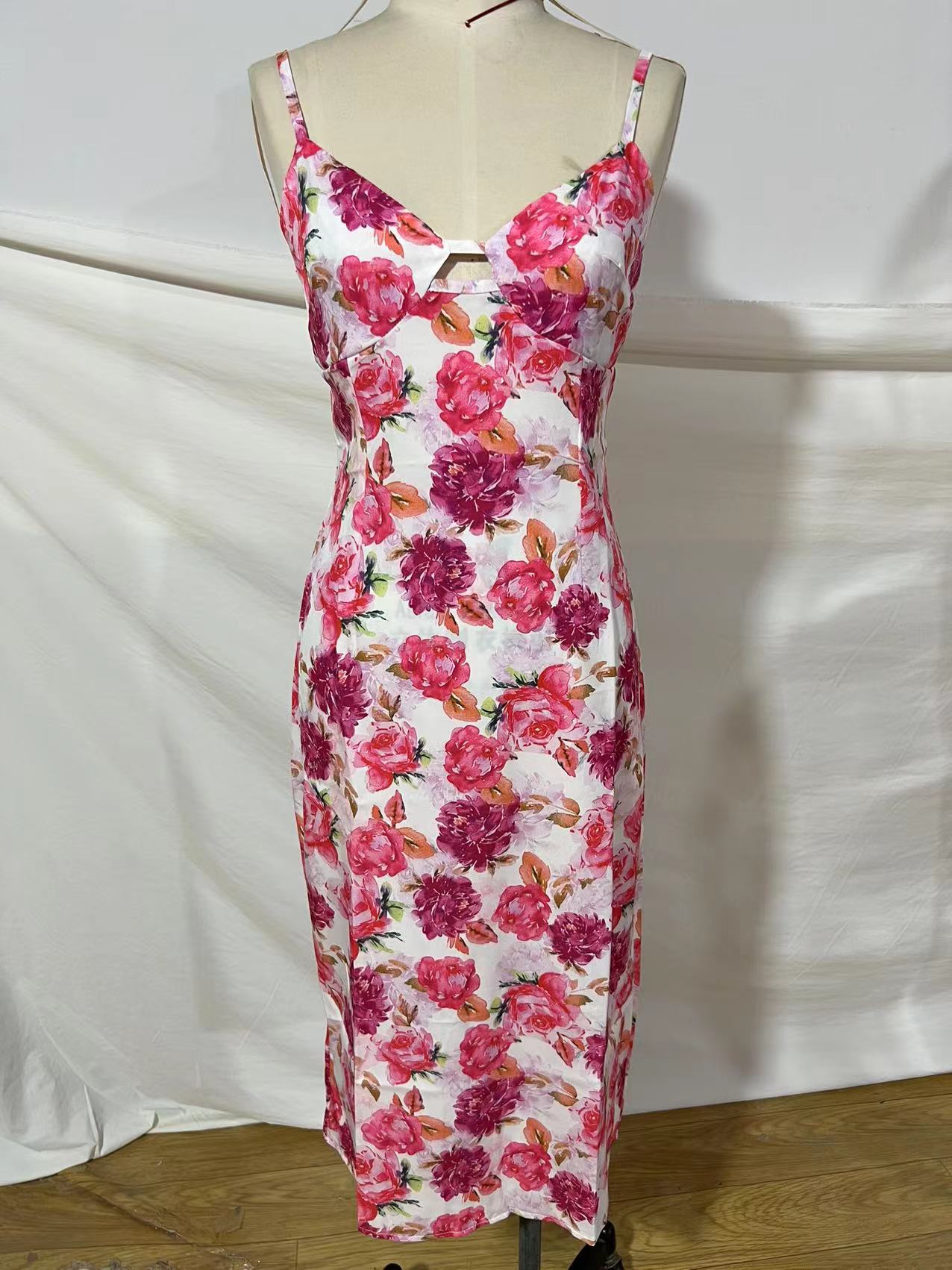 Venmo Me Sexy V-neck Printing Slip Dress Pink Floral