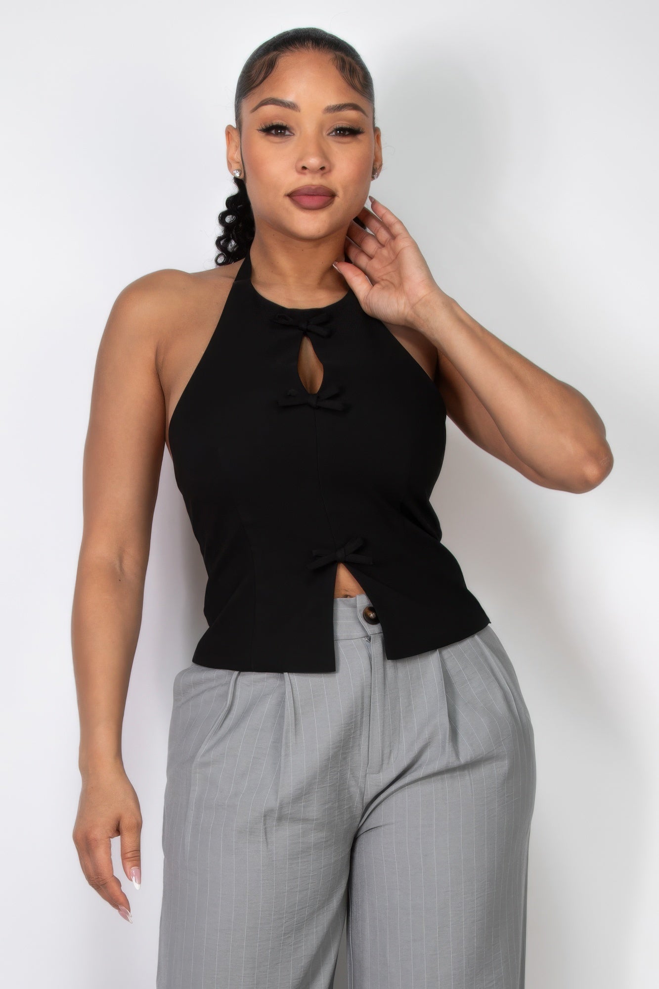 Halter ribbon open-back crop top Black