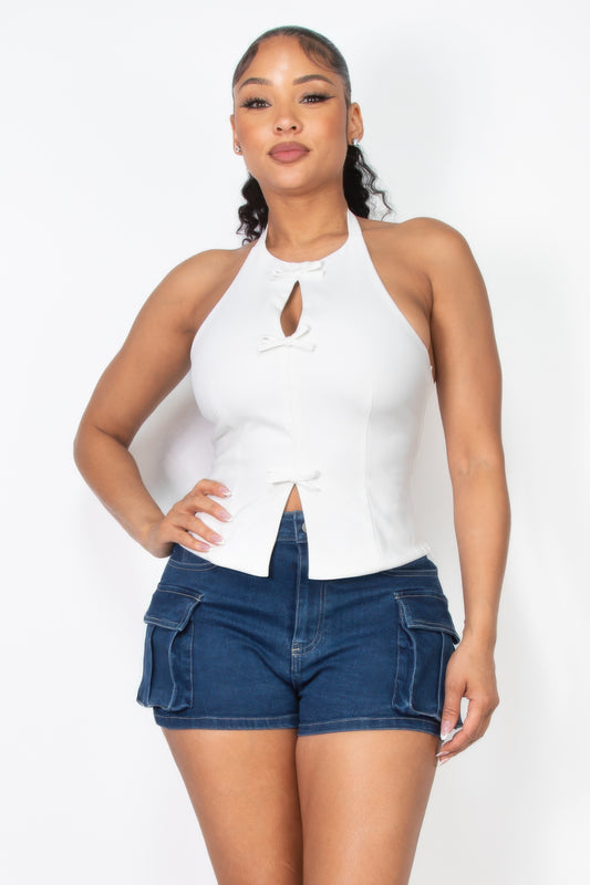 Halter ribbon open-back crop top White