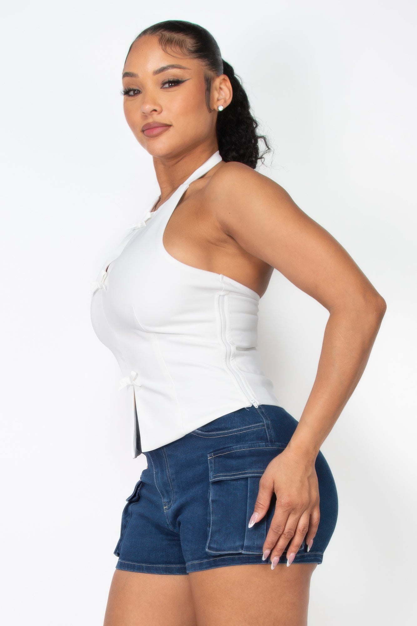 Halter ribbon open-back crop top White