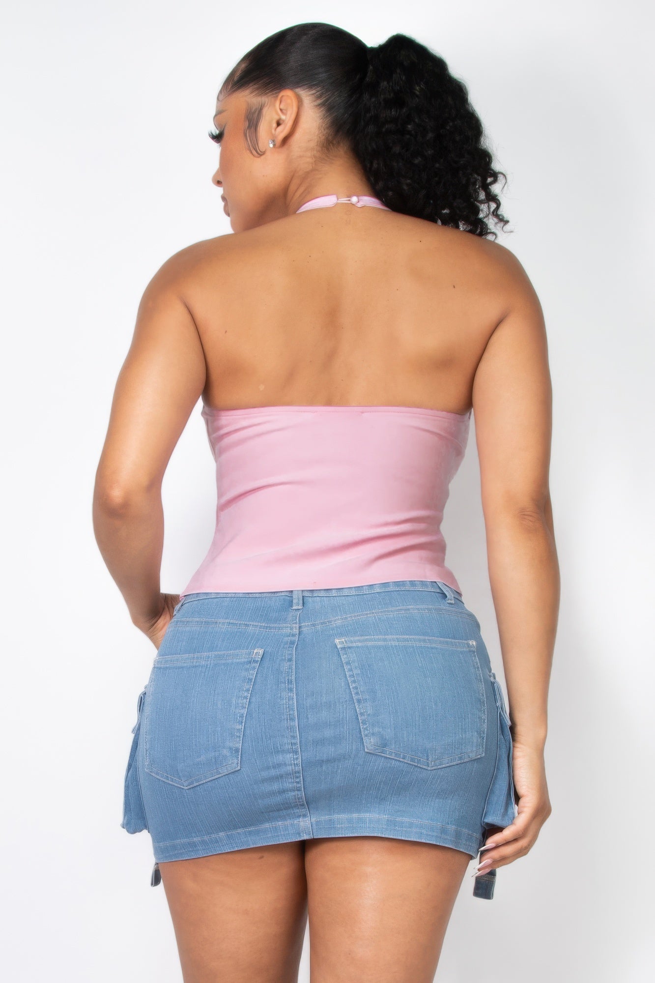 Halter ribbon open-back crop top Pink