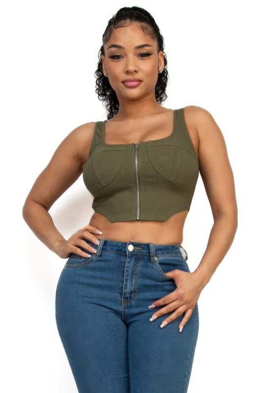 Mika Zip-up square neck crop top Green