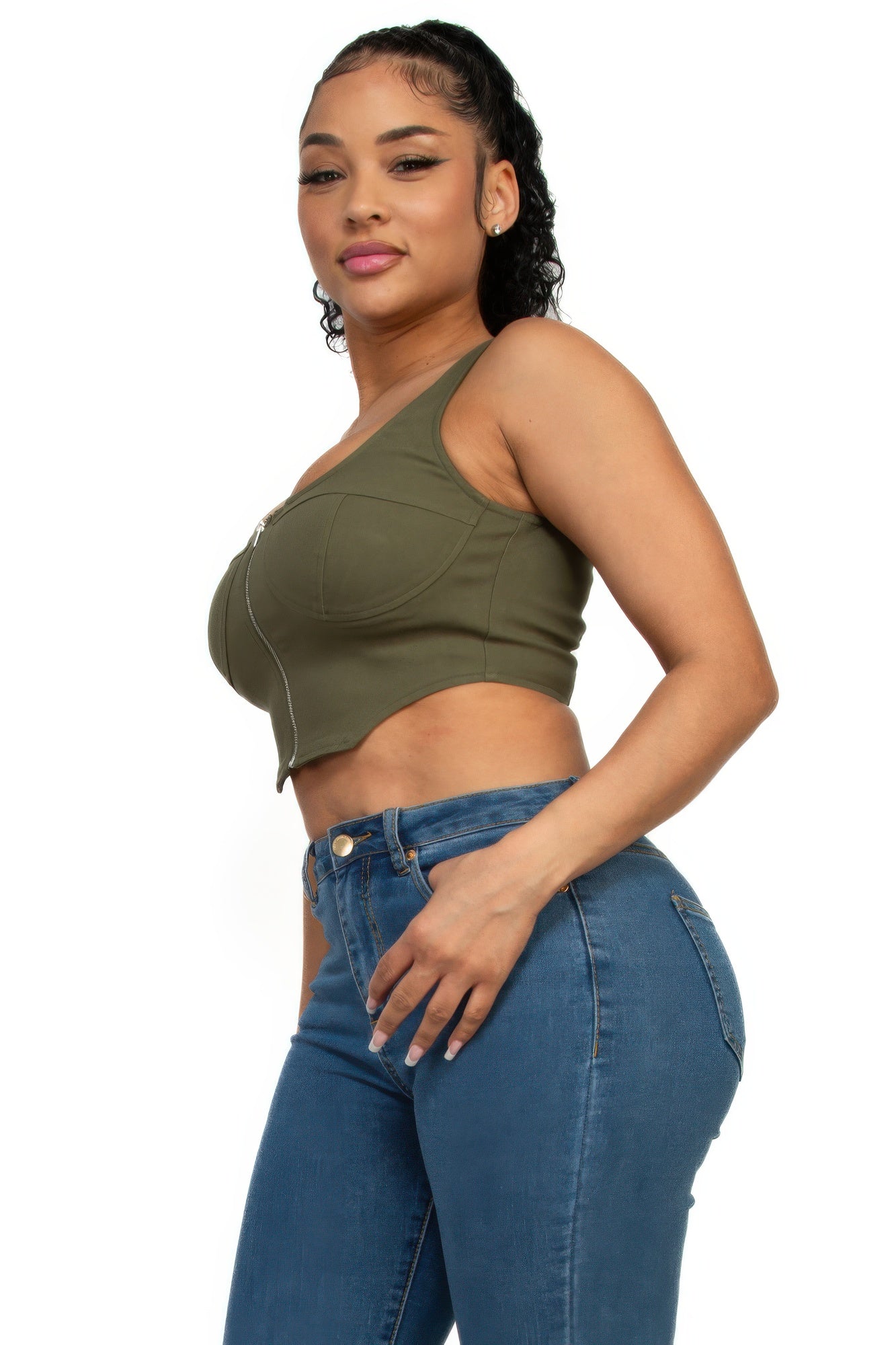 Mika Zip-up square neck crop top Green