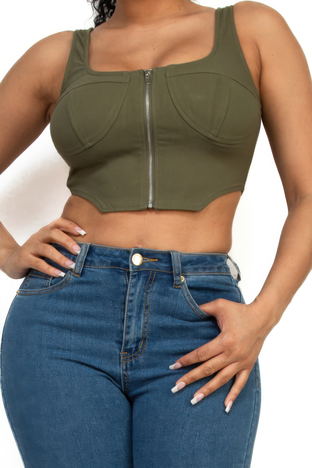 Mika Zip-up square neck crop top Green