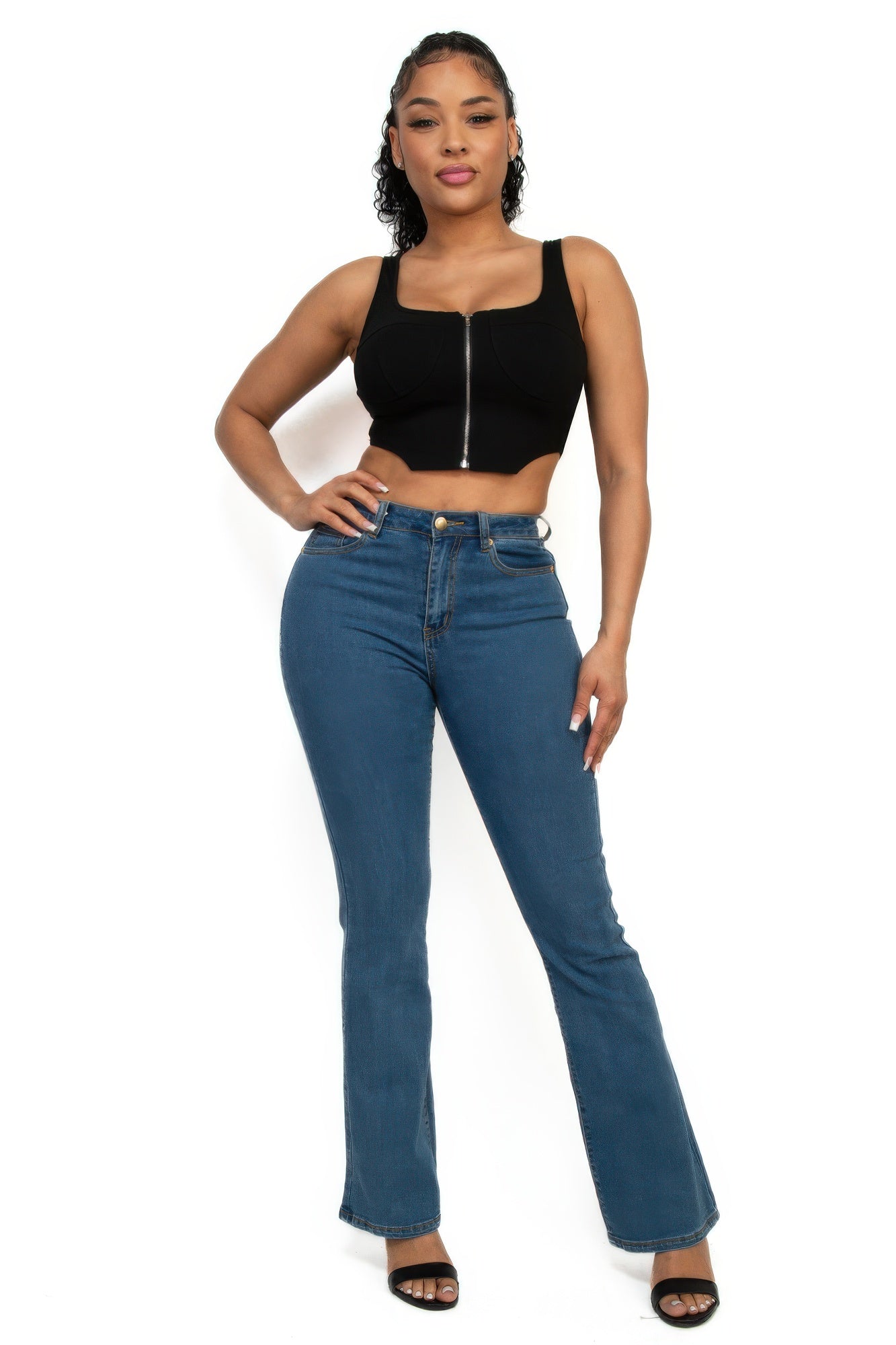 Mika Zip-up square neck crop top Black