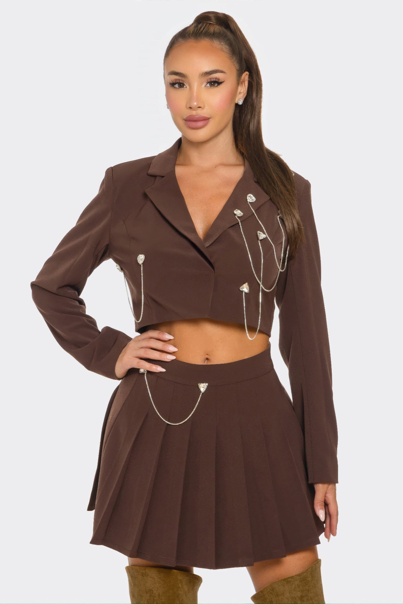 Level Up Pleated Skirt Set Brown