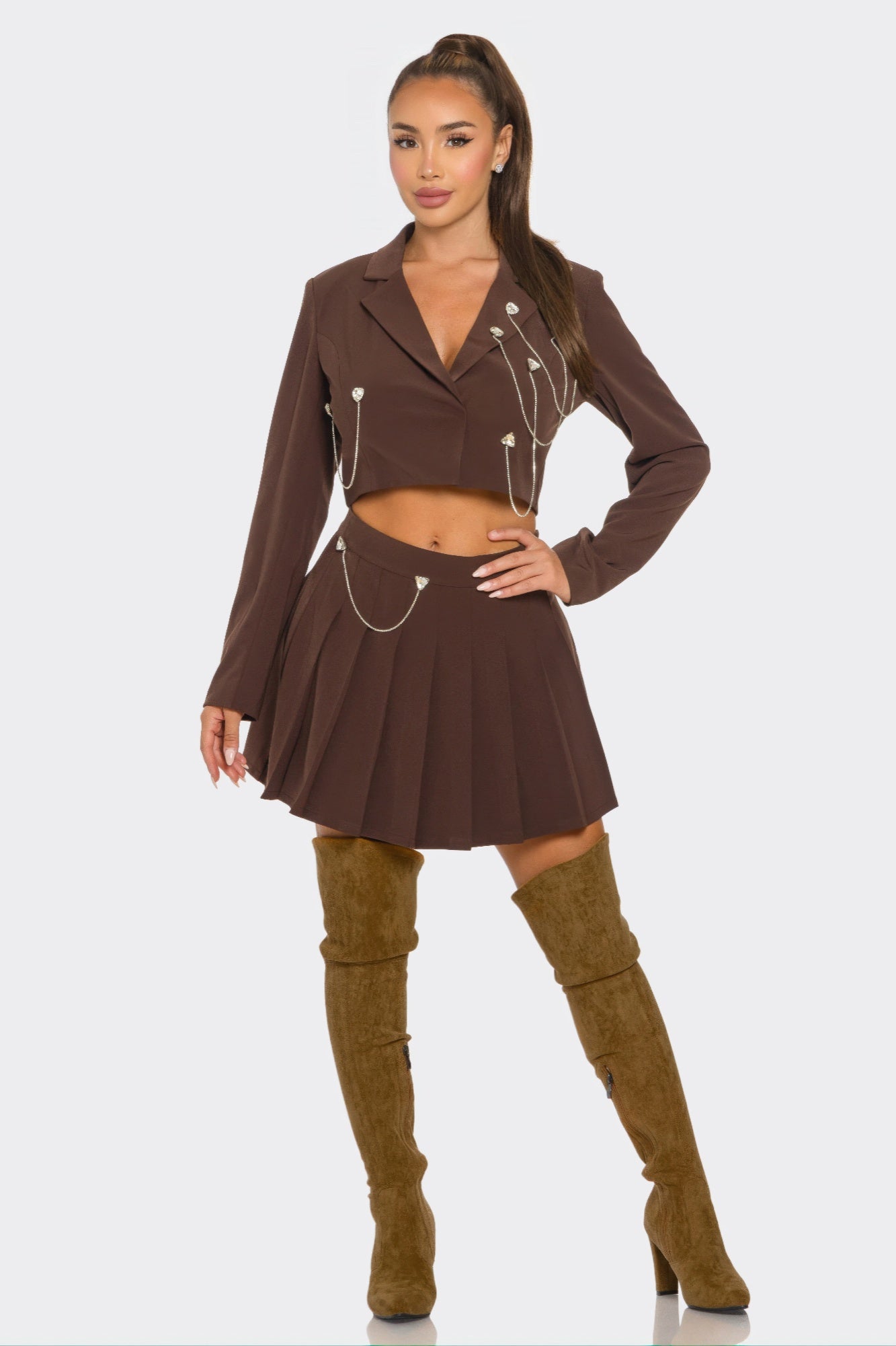 Level Up Pleated Skirt Set Brown