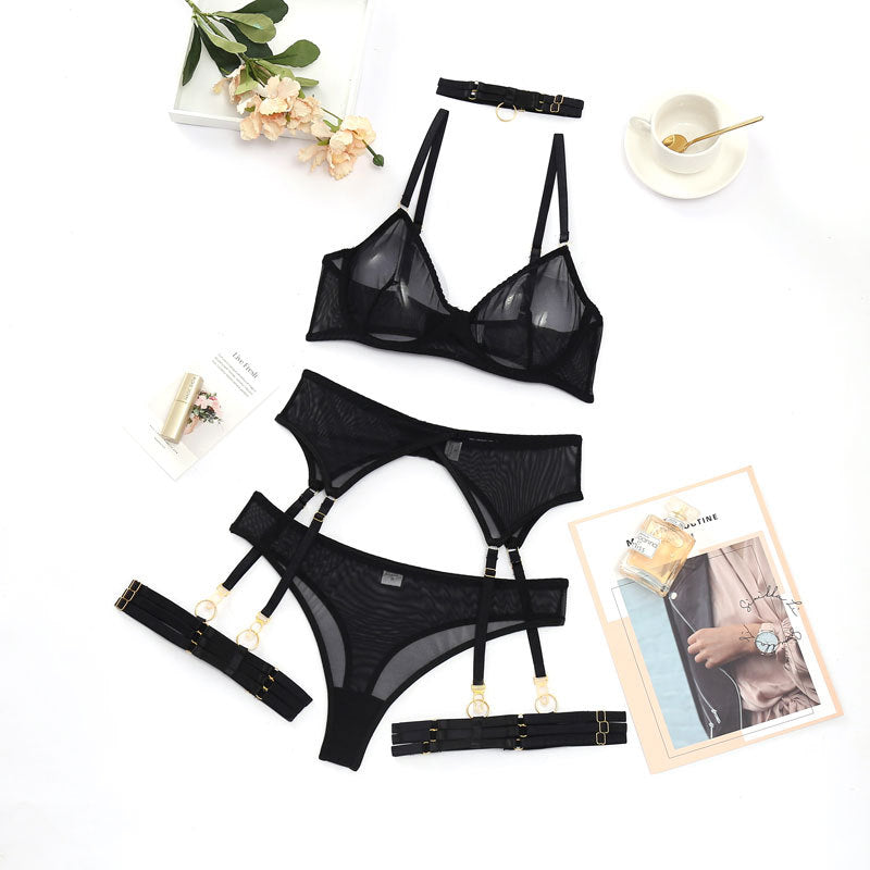 Summer New Women Fashion Sexy Underwear Mesh Comfortable Slimming Push up Four Piece Set with Steel Ring