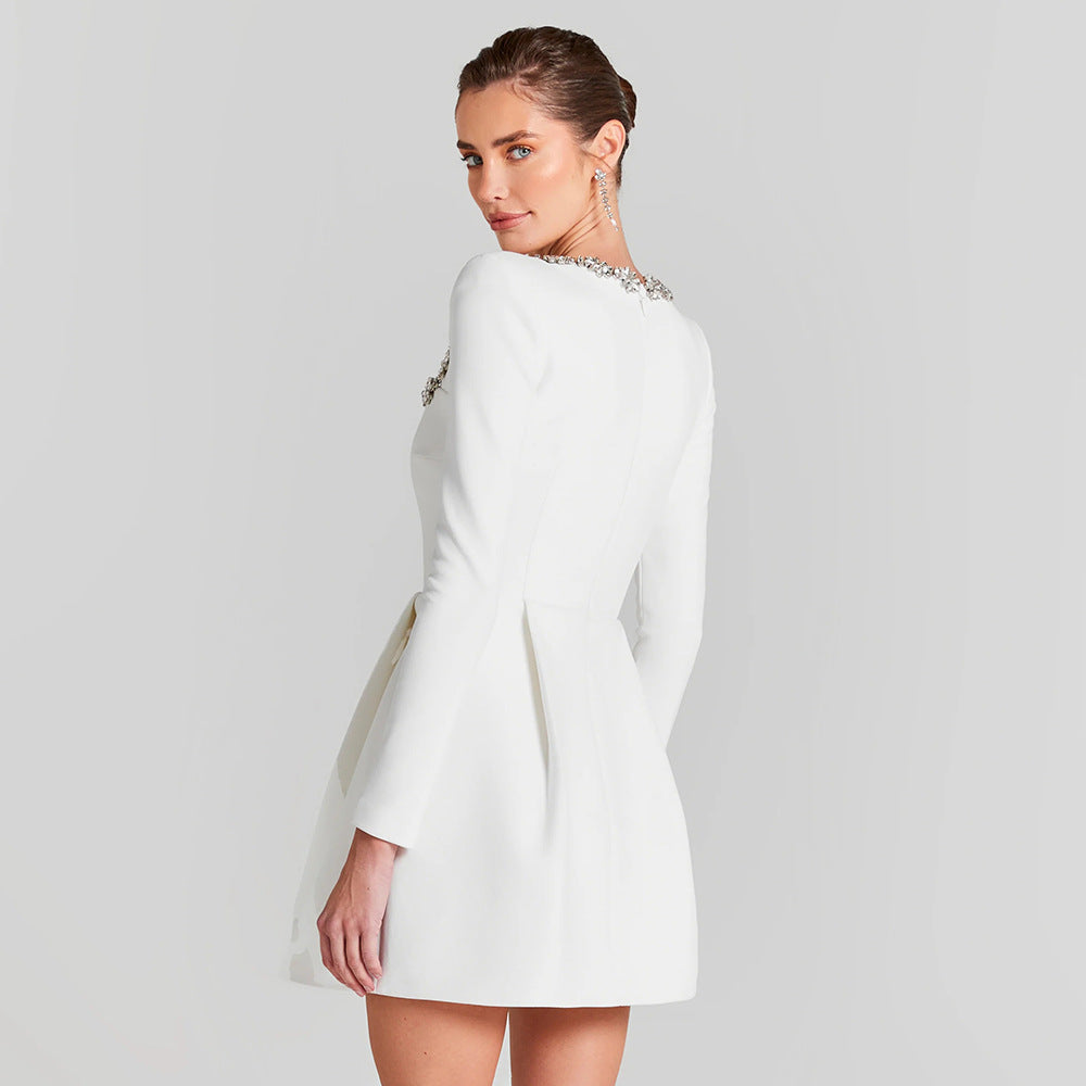 Merci Bridal Beaded Neckline Detail Long Sleeve Stretch Mini Dress