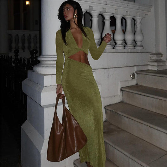 Sexy Green Apple Deep V Plunge Neck Slim Fit Sheath Long Sleeve Women’s Dress