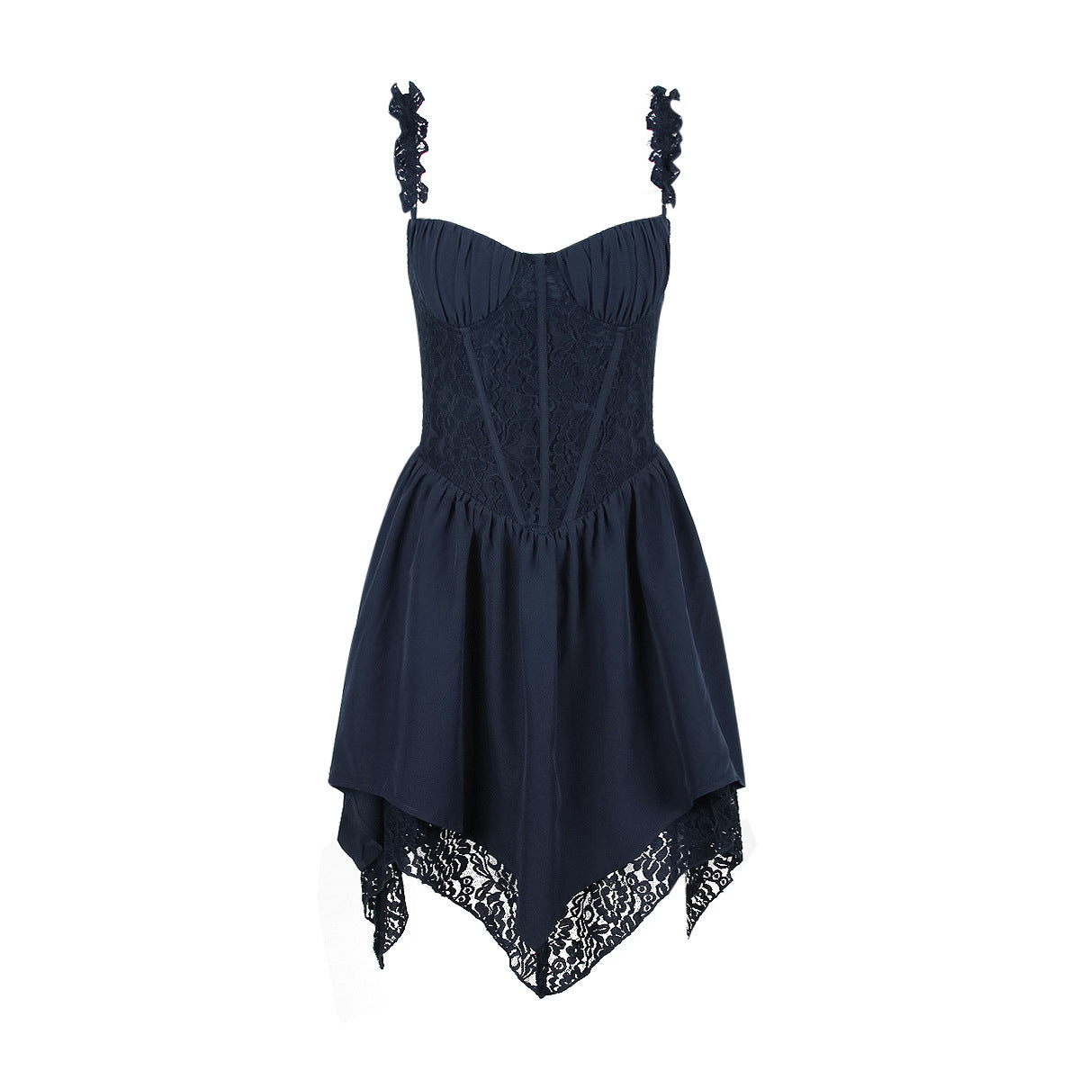 Neema Lace Stitching Irregular Asymmetric Suspender Slim Fit Backless Short Sexy Sleeveless Dress Navy Blue