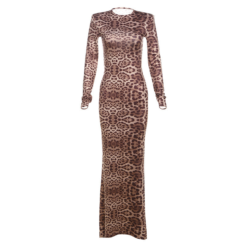 Serra Women’s Elegant Sexy Leopard Print round Neck Long Sleeve Slim Fit Sheath Dress