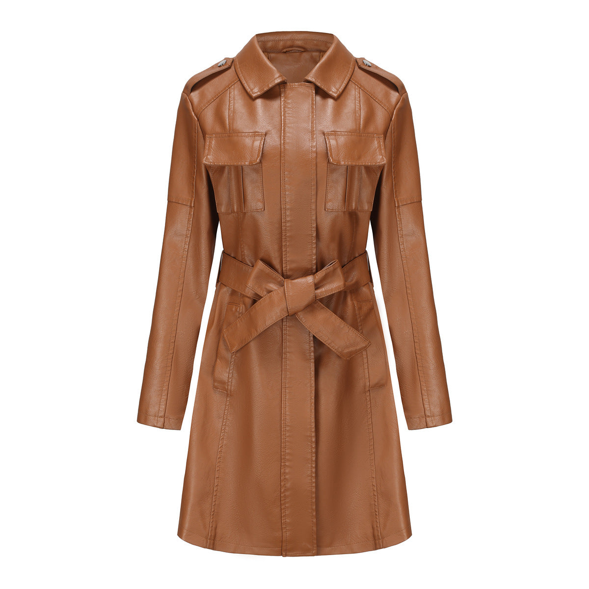 Keller Mid Length Faux Leather Trench Coat With Belt Long Sleeve Wind Coat British Coat