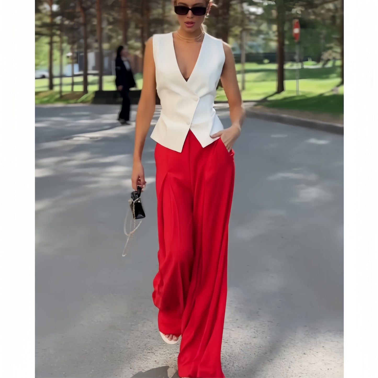 Women Clothing Personality Deep V Plunge Neck Sleeveless Top Casual High Waist Wide Leg Pants Two Piece Set