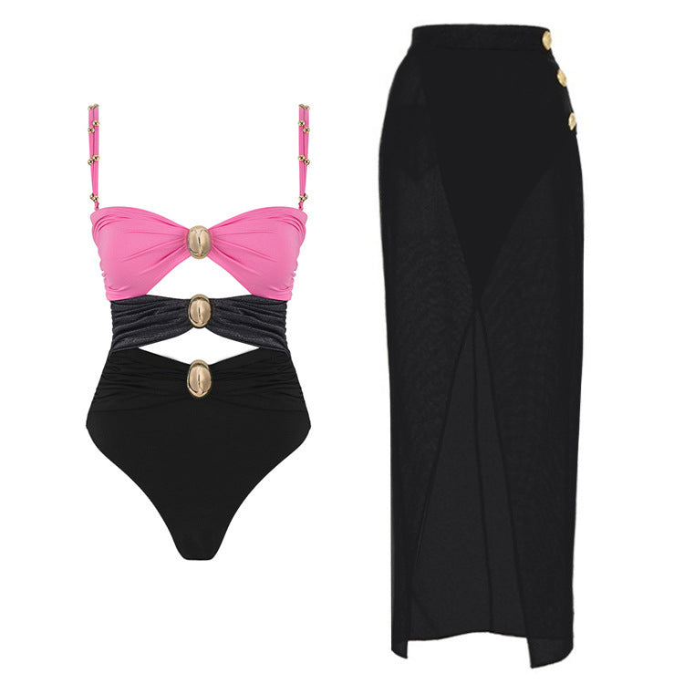 Round Buckle Decorative Color Matching Hollow Out Cutout out Swimsuit Set Women