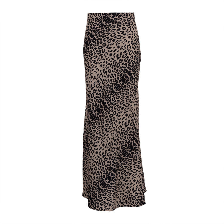 Satin Skirt Sexy Leopard Print Long Skirt High Waist Drooping Silky Hip Skirt