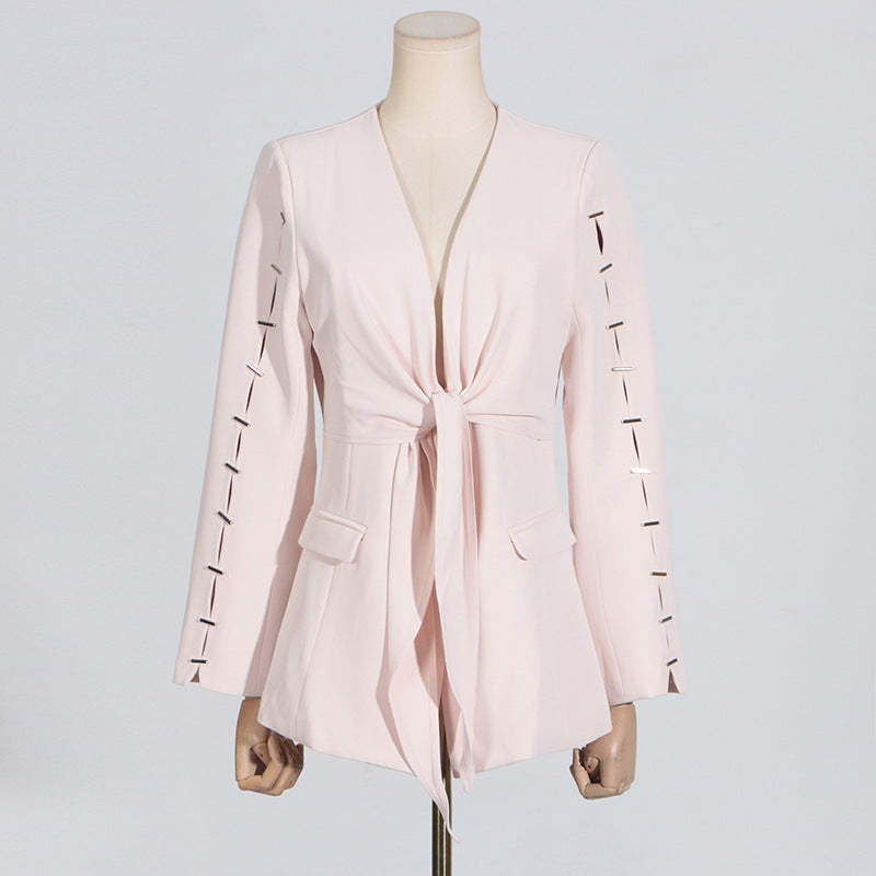 Nalia Hollowed out Women’s Blazer V neck Drawstring Long Sleeve Apricot Pink