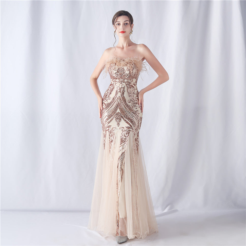 Ostrich Feather Positioning Floral Cutting Wedding Annual Meeting Tube Top Sequin Gauze Evening Dress