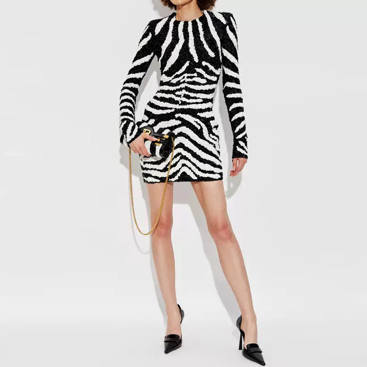 Spring Autumn High Quality Knitted Dress Round Neck Slim Slimming Rhinestone Zebra Dress