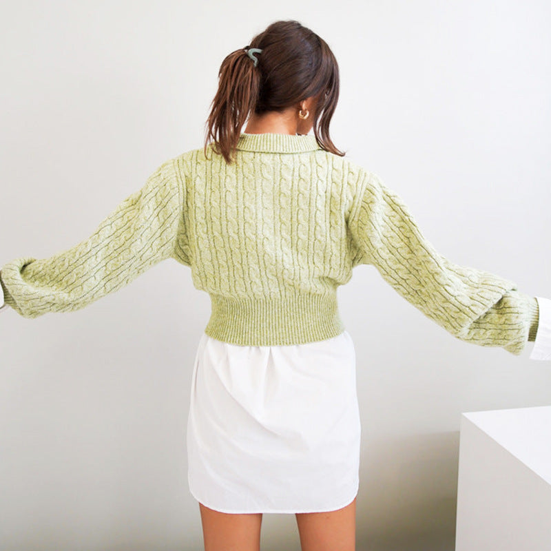 Valeria V-neck Twist cropped Short Long Sleeve Woolen Top Green