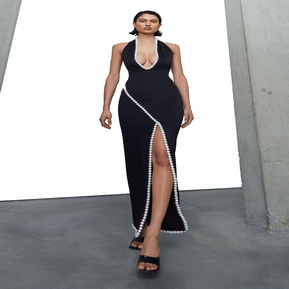 Net Red Black V neck Pearl Trim Party Noble Elegant Bandage Backless Slit Jumpsuit